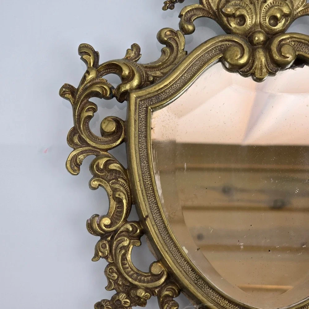 Vintage Brass Rococo Shield Mirror Wall Sconce Ornate Hollywood Regency Gilt